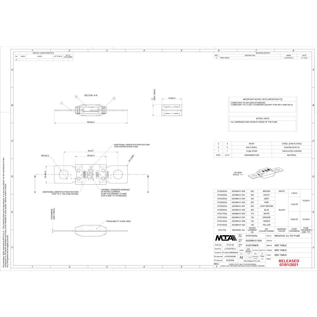 MTA - MEGAVAL FUSIBILE 70 VOLT 300A ( Conf. da 350 pz )