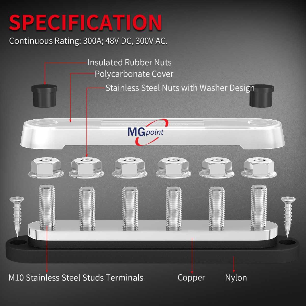Bus bar 6 poli m10 - con coperchio base nera 300 amp