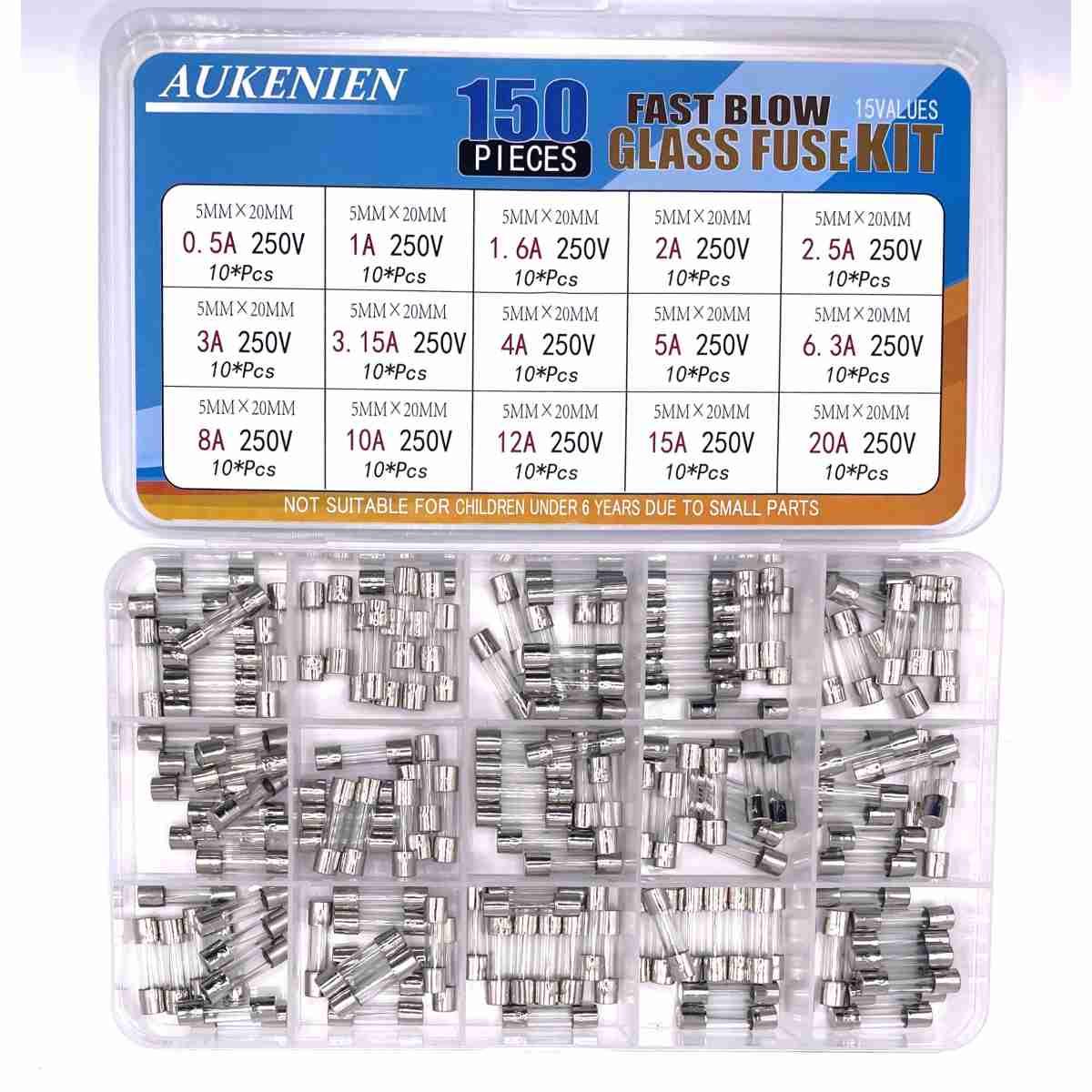 KIT ASSORTIMENTO FUSIBILI  VETRO 6x32 mm 150 PZ  da 0,5 a 30 Amp
