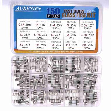 KIT ASSORTIMENTO FUSIBILI  VETRO 6x32 mm 150 PZ  da 0,5 a 30 Amp