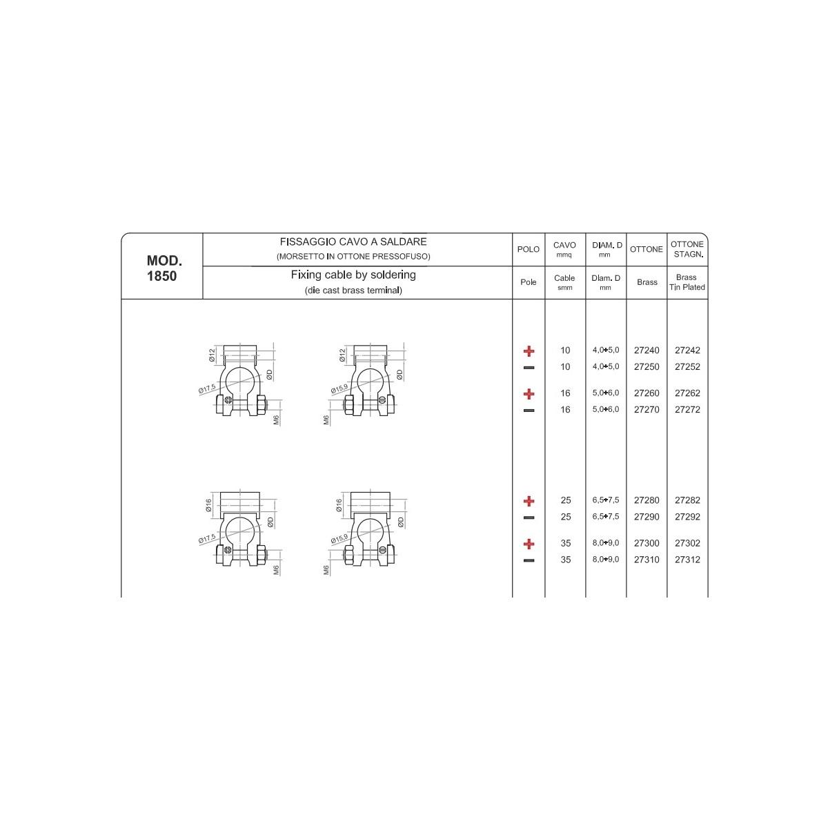 MORSETTO IN OTTONE CAVO A SALDARE POSITIVO CAVO 10 MMQ STAGNATO ( Conf. da 10 pz )