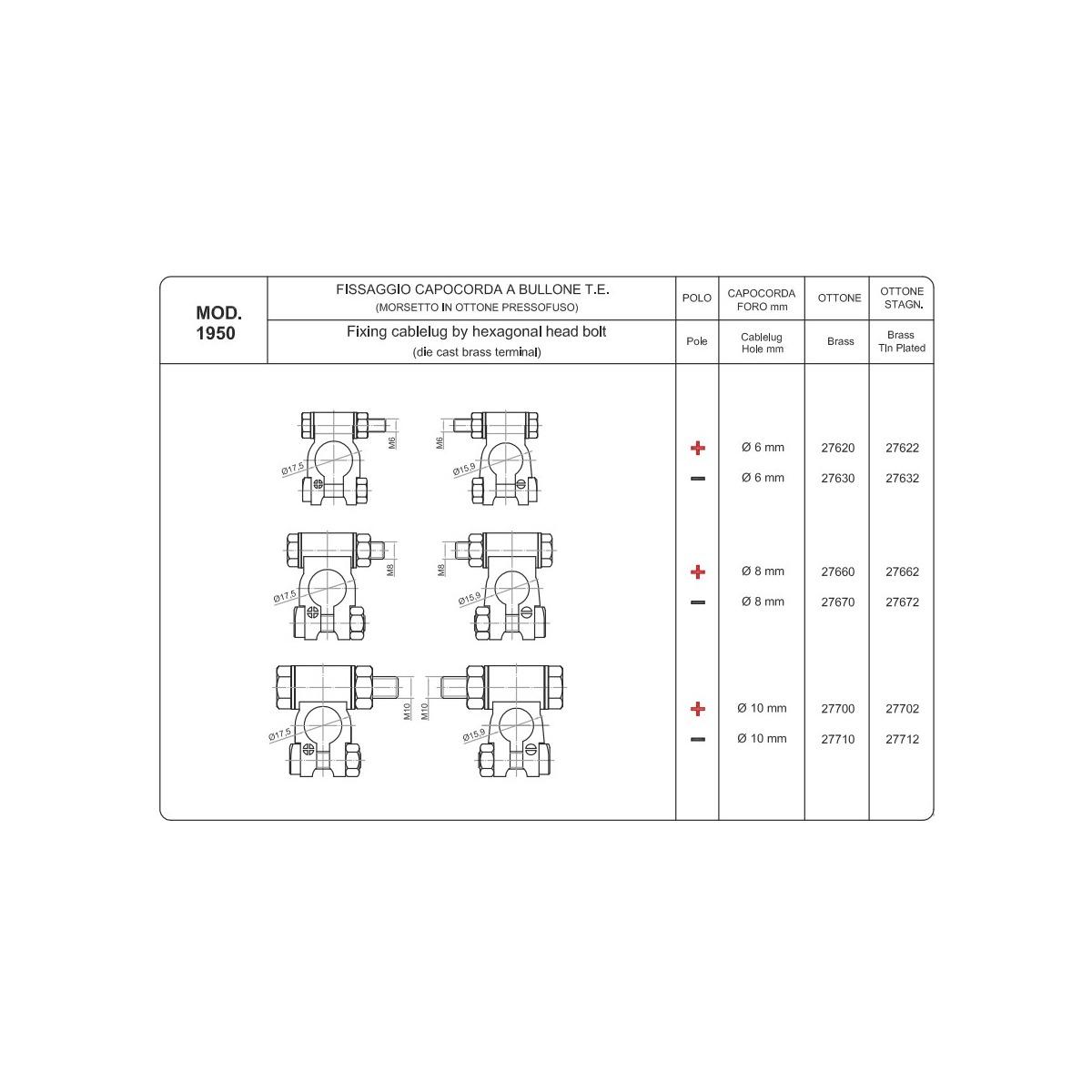 MORSETTO IN OTTONE FISSAGGIO A VITE T.E. 6 MM NEGATIVO STAGNATO ( Conf. da 10 pz )