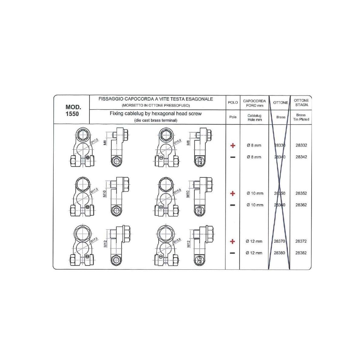 MORSETTO IN OTTONE CON VITE T.E. M12 POSITIVO STAGNATO  ( Conf. da 10 pz )