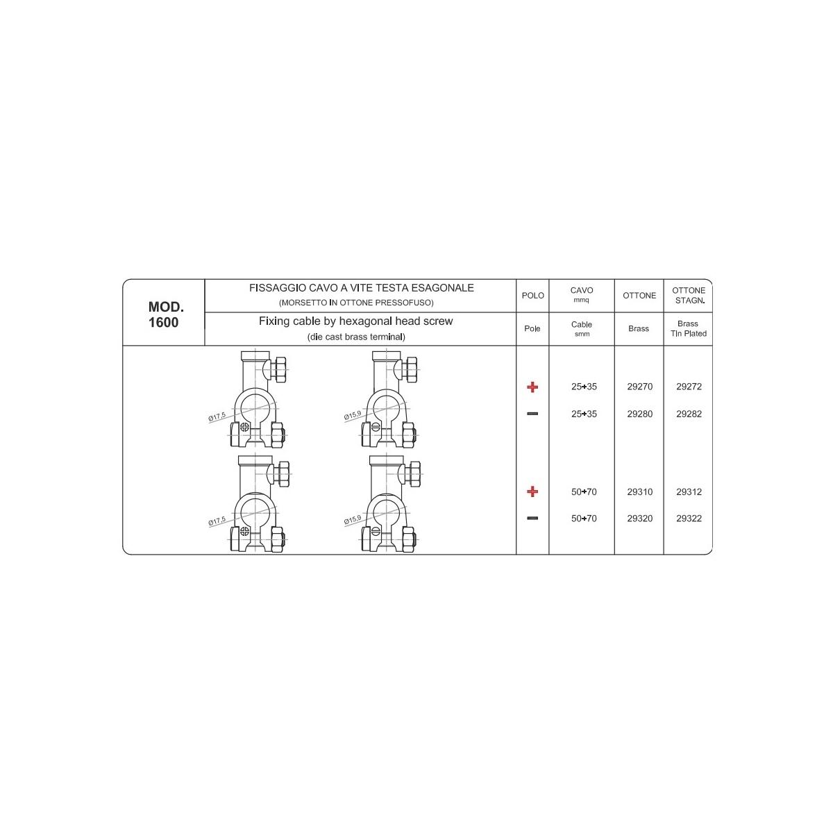 MORSETTO IN OTTONE FISSAGGIO CAVO A VITE 50-70 MMQ POSITIVO  ( Conf. da 10 pz )