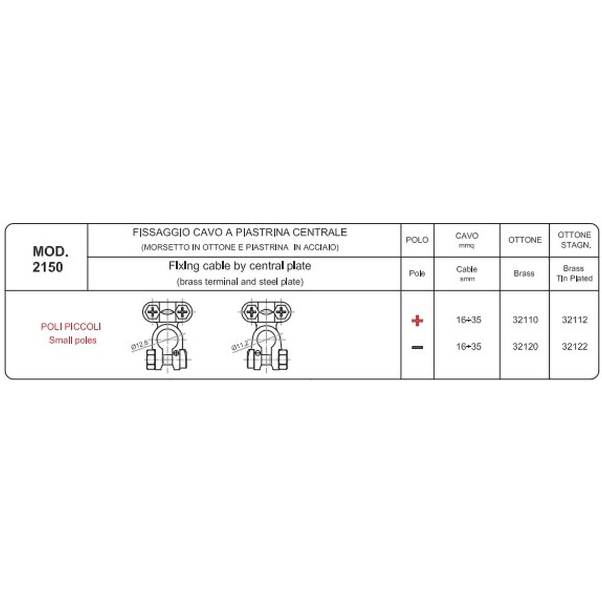MORSETTO IN OTTONE PER POLI PICCOLI CON PIASTRINA CENTRALE CAVO DA 16-35 MMQ NEGATIVO STAGNATO ( Conf. da 10 pz )