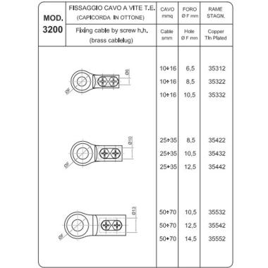 CAPICORDA IN OTTONE STAGNATO FISS. CAVO T.E. FORO DA 10,5 MM CAVO DA 10-16 MMQ ( Conf. da 10 pz )