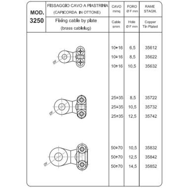 CAPICORDA IN OTTONE STAGNATO FISS. A PIASTRINA FORO DA 10,5 MM CAVO DA 50-70 MMQ ( Conf. da 10 pz )