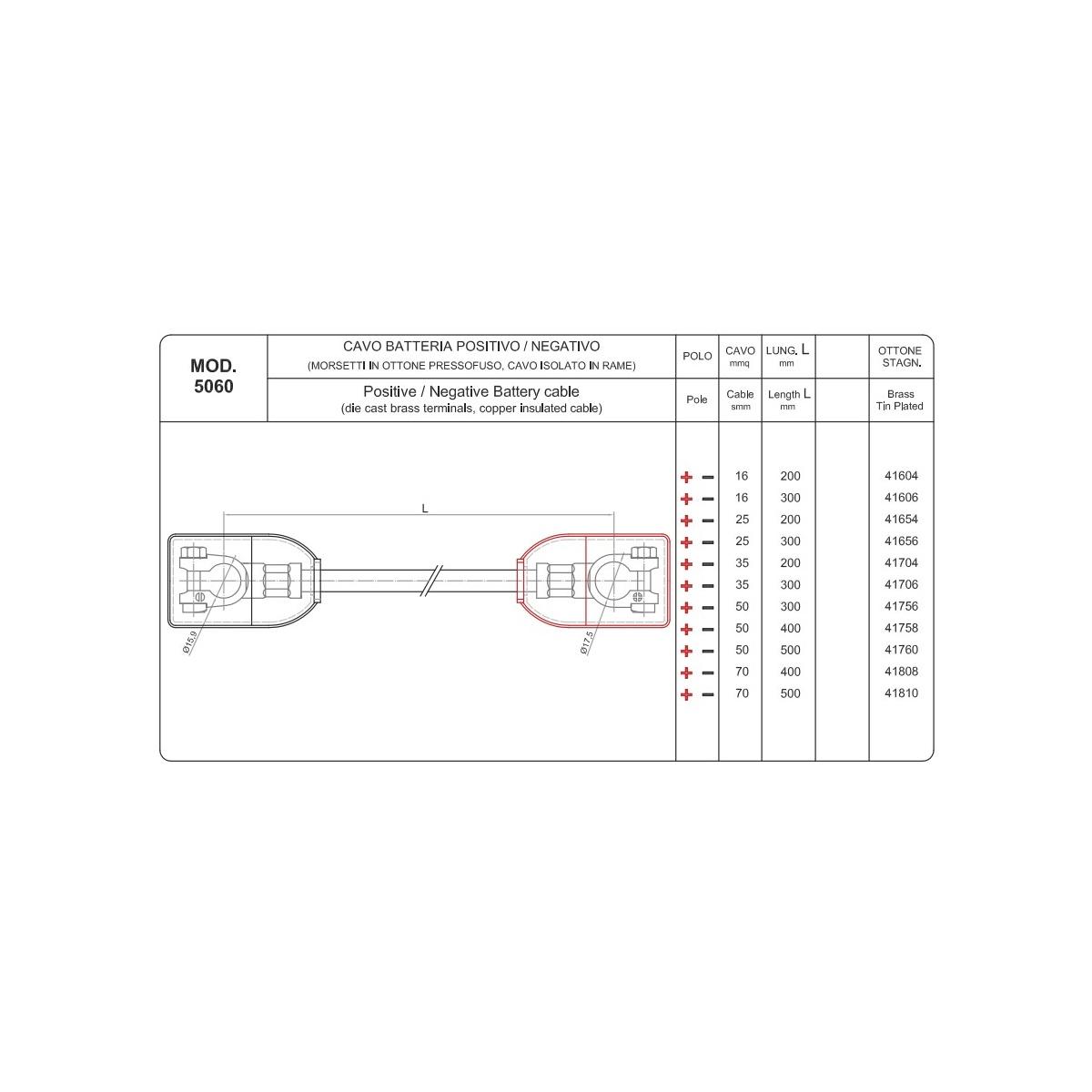 CAVO COLL. BATTERIA POSIT. E NEGAT. CAVO DA 16 MMQ LUNGO 200 MM CON ISOLANTI ( Conf. da 1 pz )