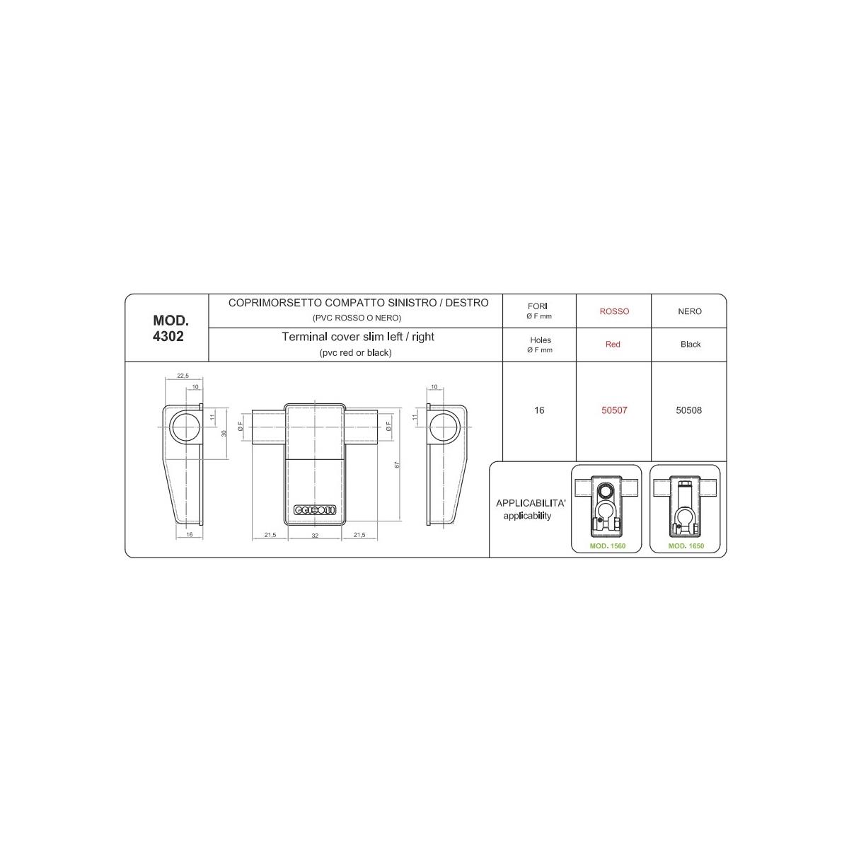 COPRIMORSETTO NERO COMPATTO FORI DA 16 MM USCITA DX E SX ( Conf. da 10 pz )