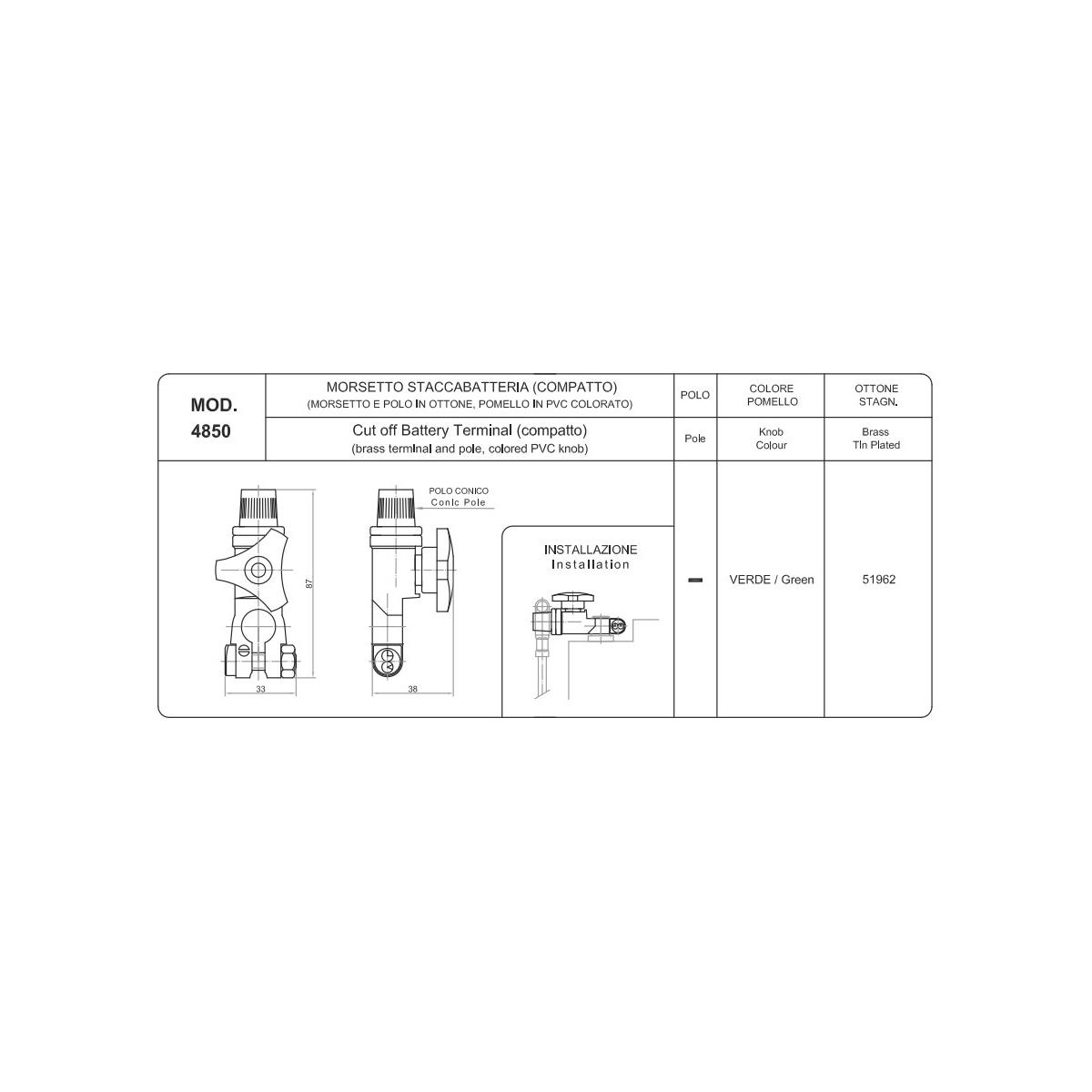 MORSETTO STACCABATTERIA COMPATTO CON POMELLO VERDE DRITTO NEGATIVO ( Conf. da 10 pz )