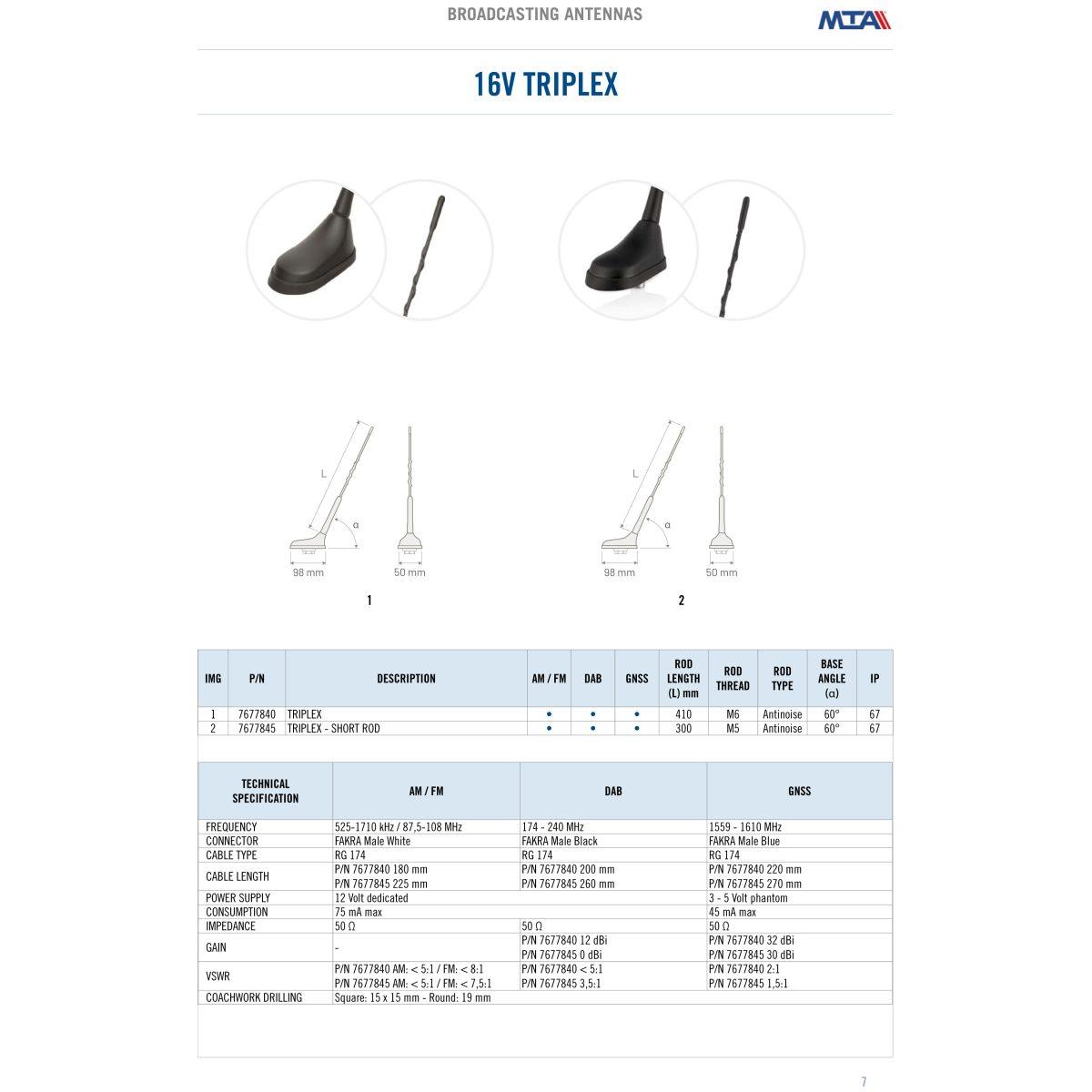 MTA - 16V TRIPLEX roof antenna - AM/FM/DAB/GNSS   ( Conf. Da 1 pz )
