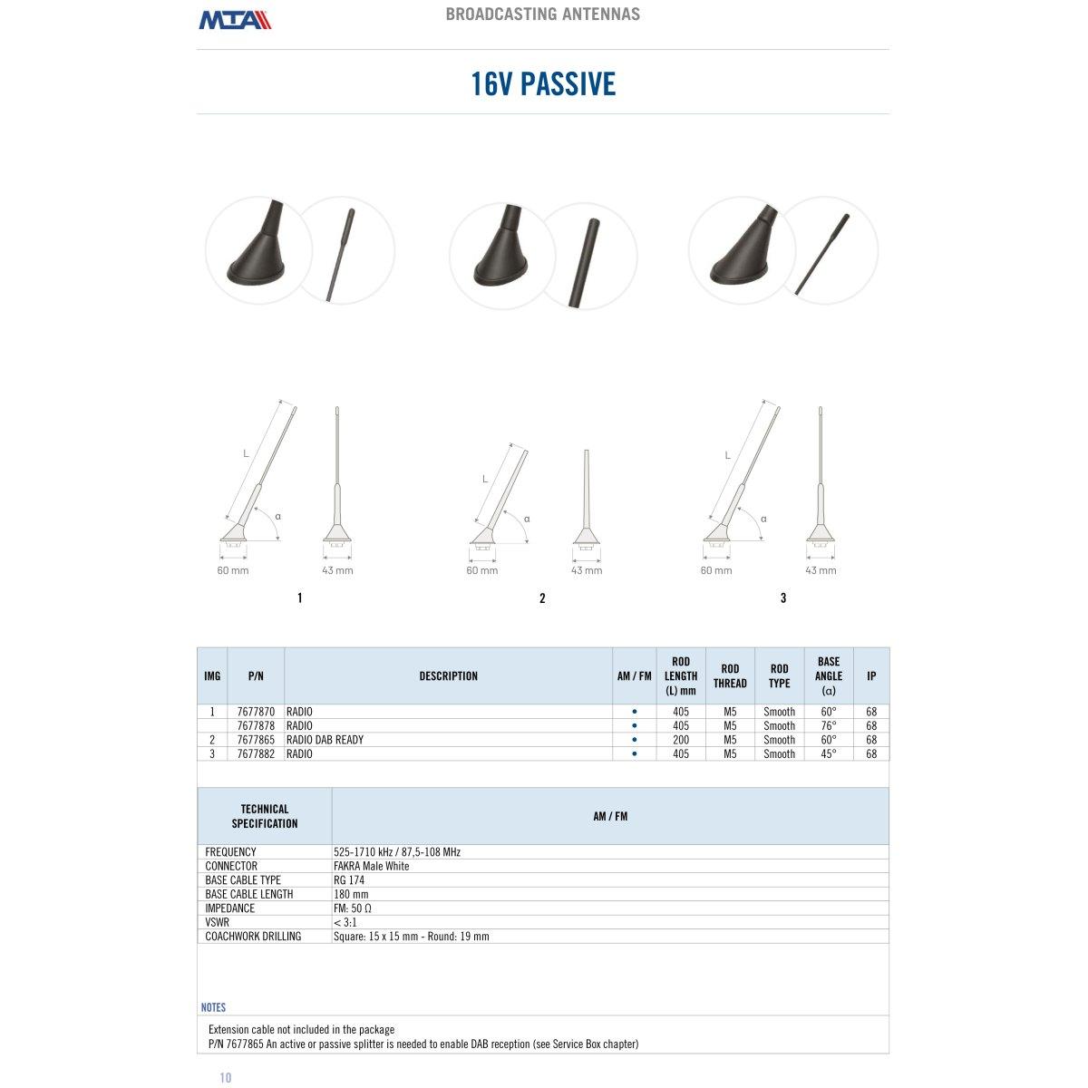 16V PASSIVE roof antenna - AM/FM - Base angle 76°