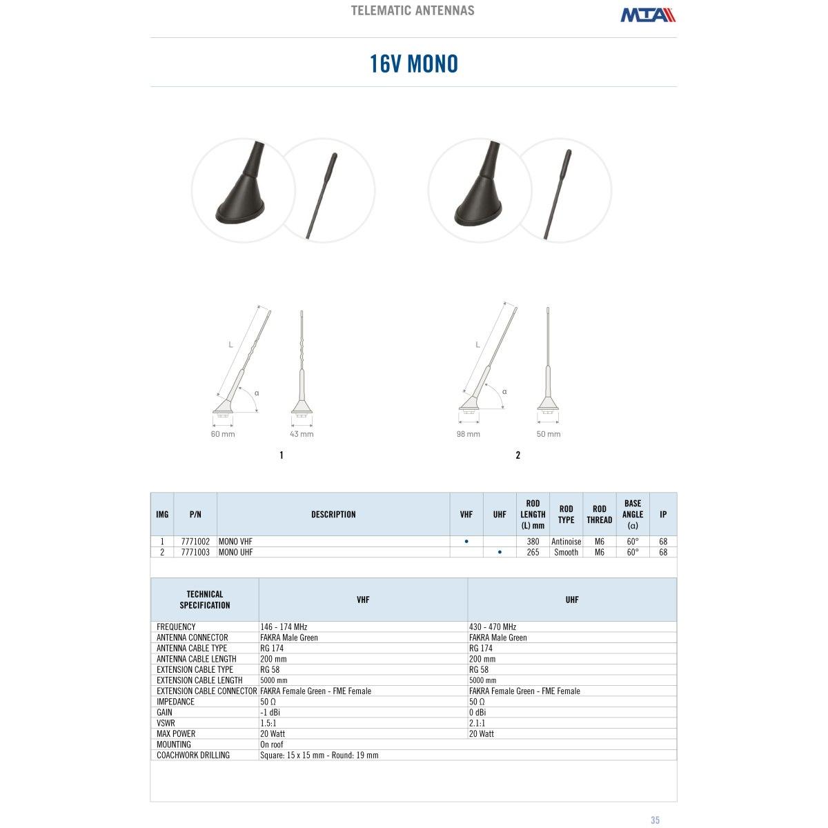 16V VHF antenna - 5 mt extension cable