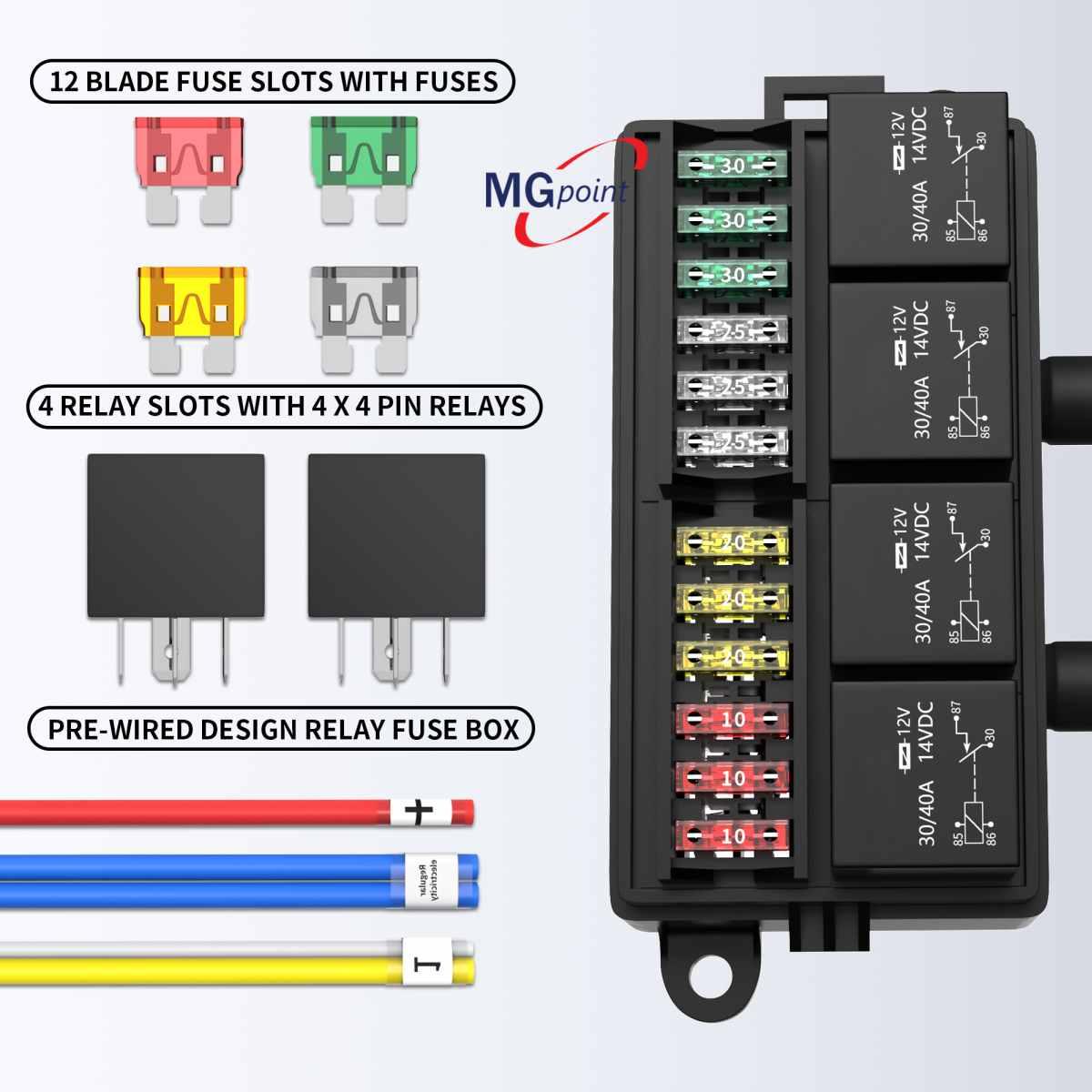 Porta 4 mini relay e 12 fusibili unival compresi con coperchio e cavi collegati