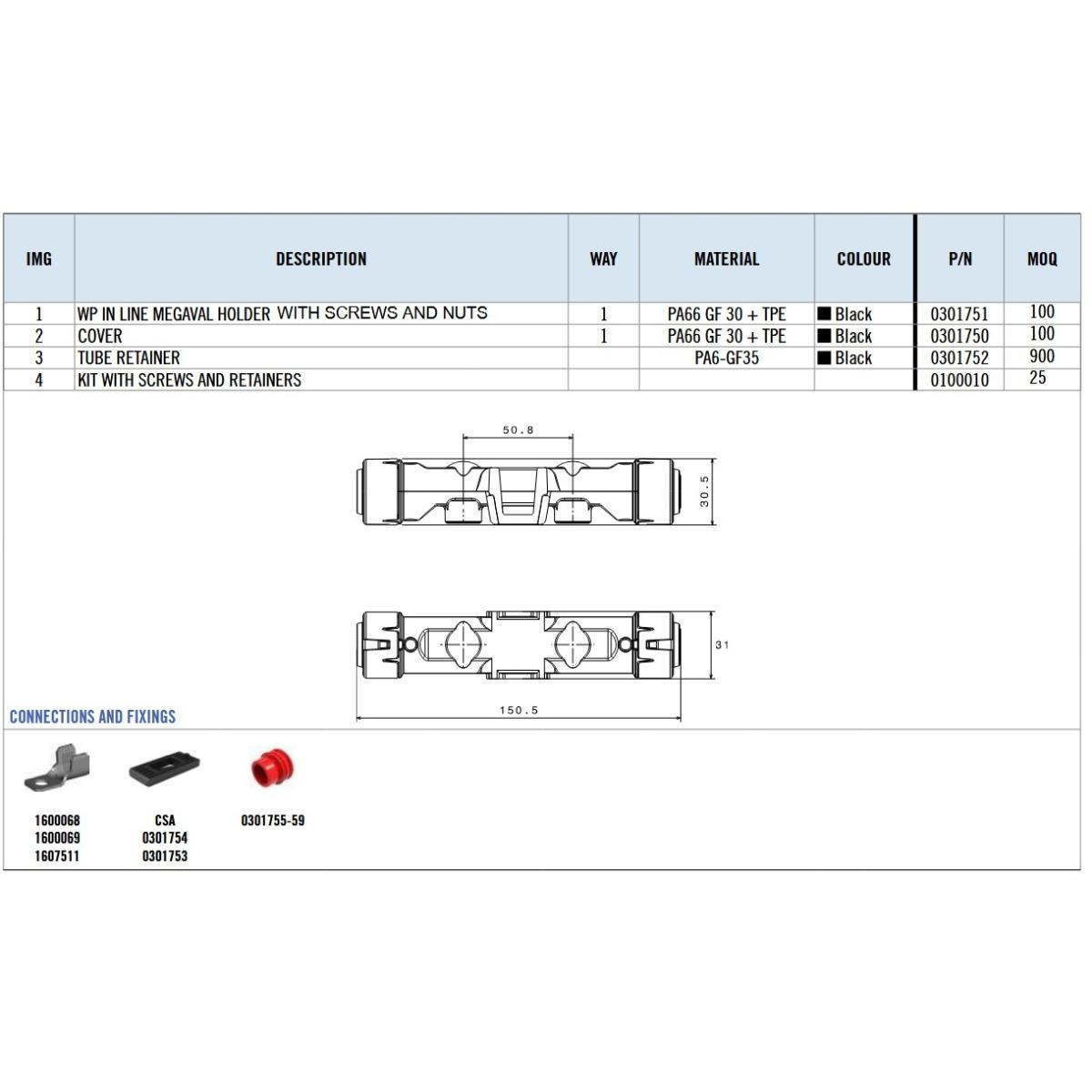 MTA - KIT WP IN LINE MEGAVAL WITH SCREW AND NUTS, COVER, FUSEHOLDER -NO GASKET ( Conf. 25 PZ )